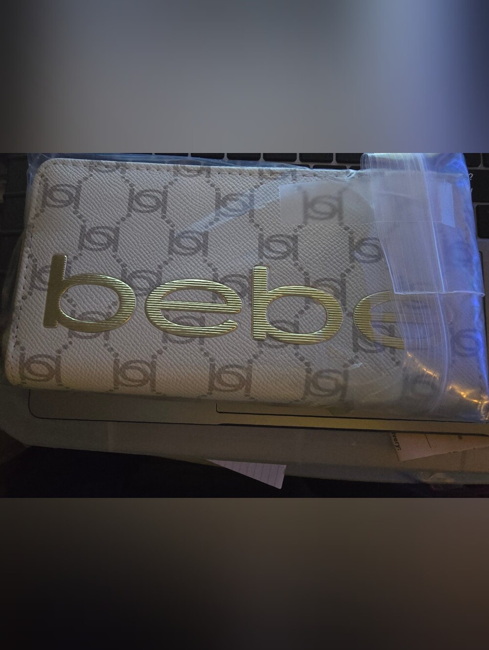bebe White Logo Wristlet Clutch with Silver Hardware